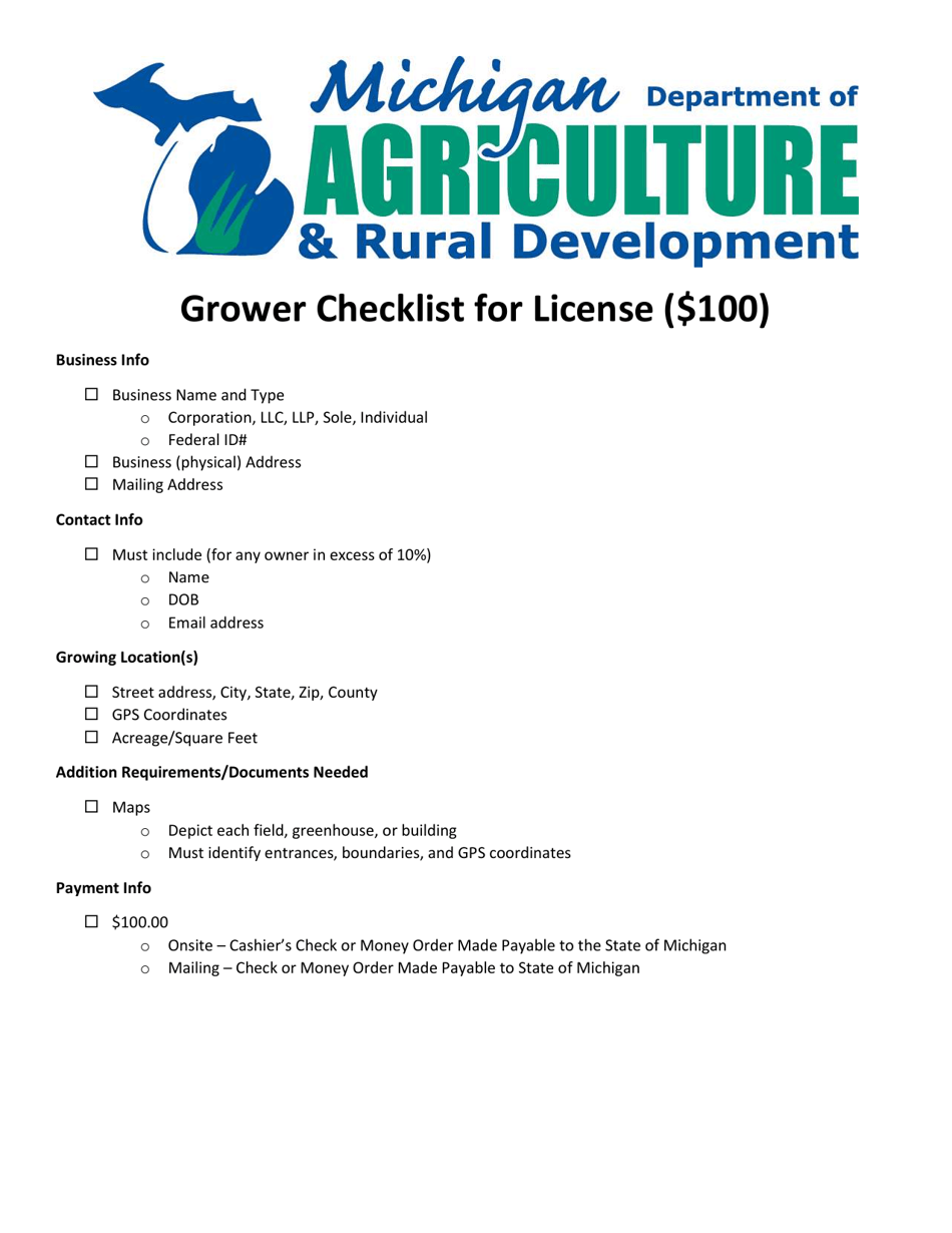 Grower Checklist for License - Michigan, Page 1