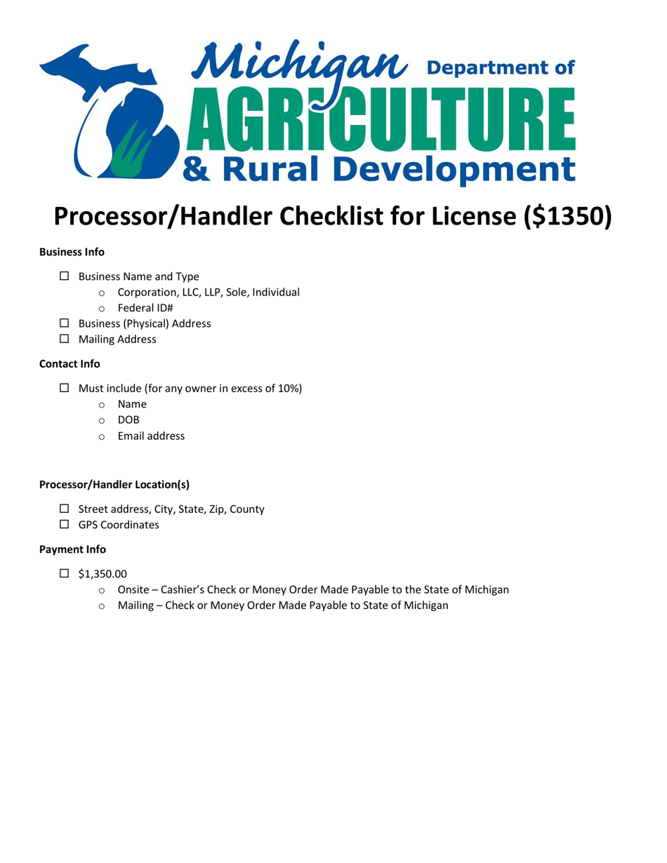Processor / Handler Checklist for License - Michigan, Page 1