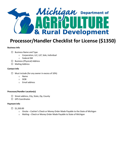 Processor/Handler Checklist for License - Michigan