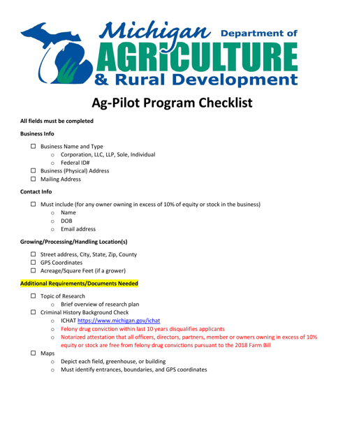 Ag-Pilot Program Checklist - Michigan