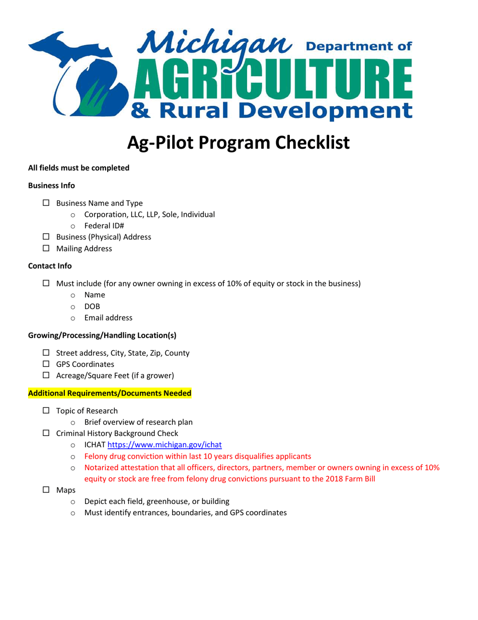 Ag-Pilot Program Checklist - Michigan, Page 1