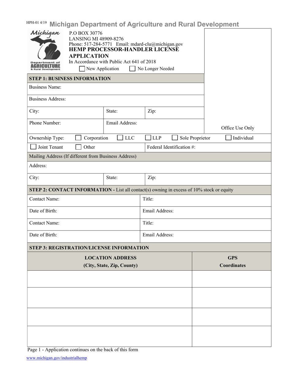 Form HPH-01 Hemp Processor-Handler License Application - Michigan, Page 1