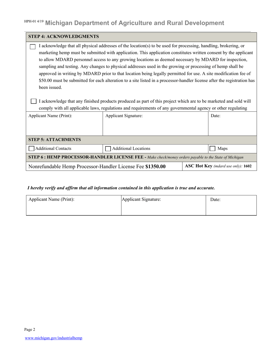 Form HPH-01 Hemp Processor-Handler License Application - Michigan, Page 2