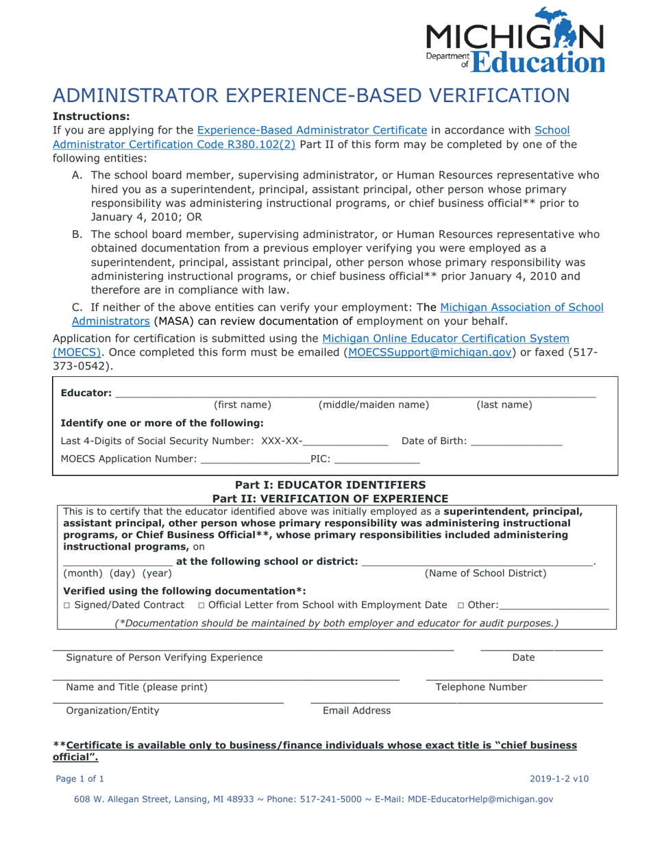 Administrator Experience-Based Verification - Michigan, Page 1