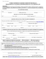 Form TE4131 &quot;Work Experience Report Form for Michigan Professional Teaching or Professional Cte Certificate&quot; - Michigan