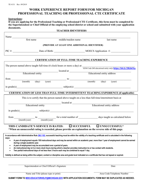 Form TE4131 Work Experience Report Form for Michigan Professional Teaching or Professional Cte Certificate - Michigan