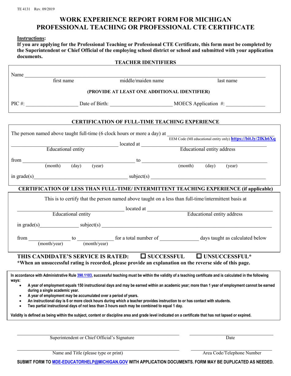 Form TE4131 Work Experience Report Form for Michigan Professional Teaching or Professional Cte Certificate - Michigan, Page 1