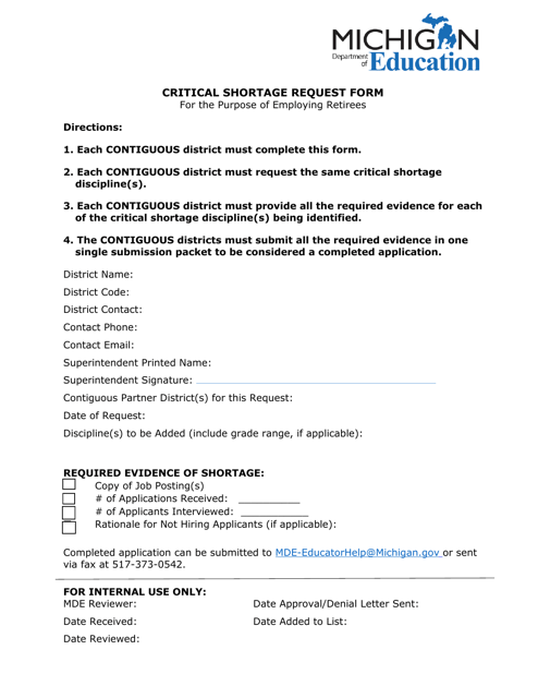 Critical Shortage Request Form for the Purpose of Employing Retirees - Michigan Download Pdf