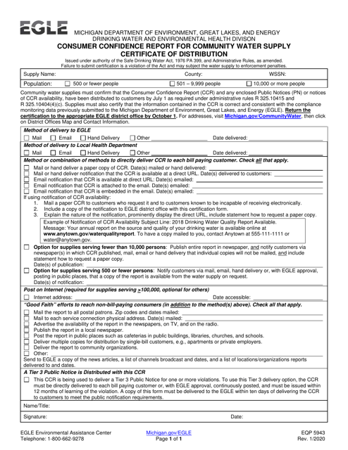Form EQP5943 Consumer Confidence Report for Community Water Supply Certificate of Distribution - Michigan