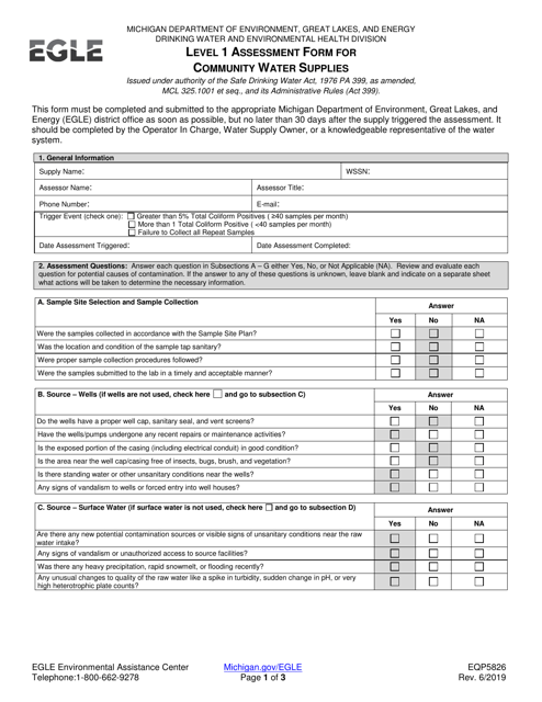 Form EQ5826 Level 1 Assessment Form for Community Water Supplies - Michigan