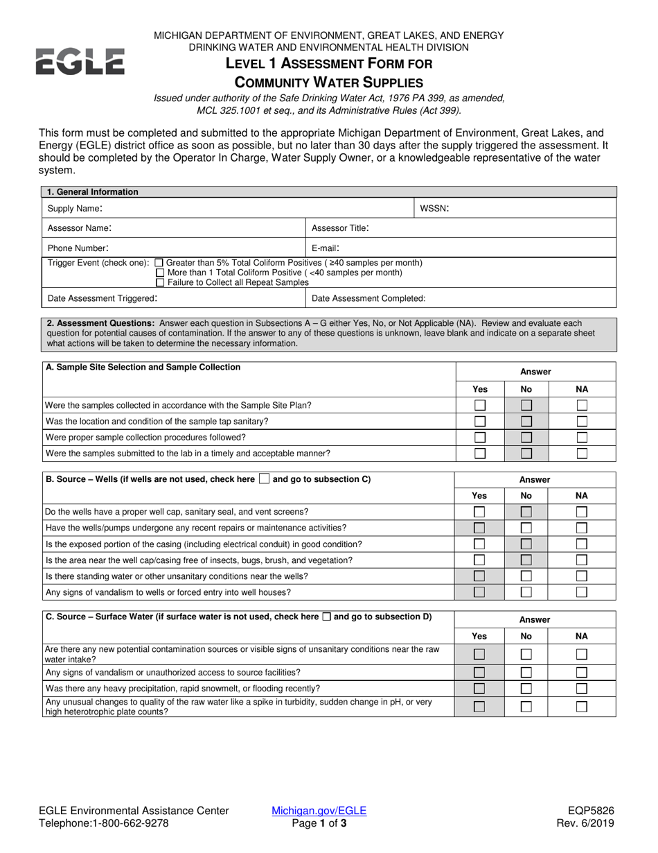 Form EQ5826 Level 1 Assessment Form for Community Water Supplies - Michigan, Page 1