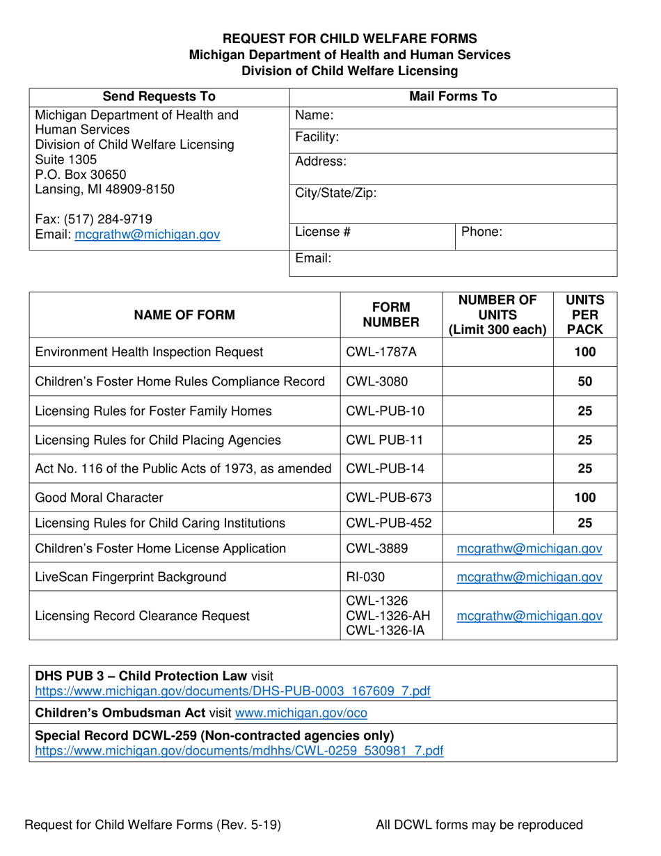 Request for Child Welfare Forms - Michigan, Page 1