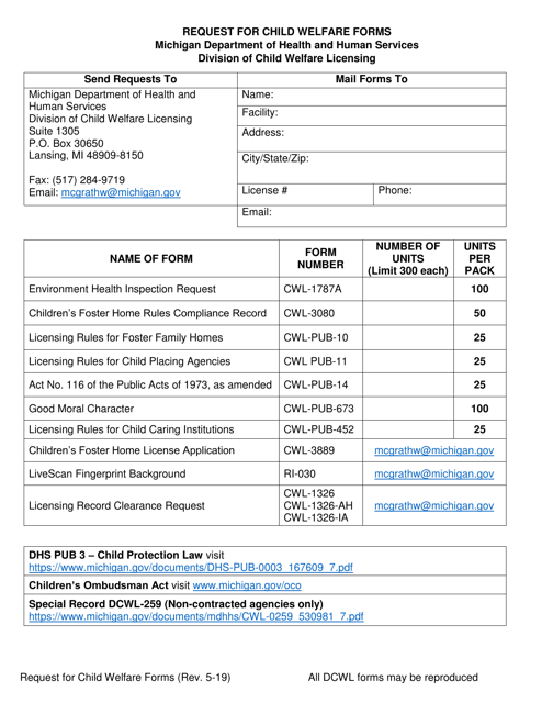 Request for Child Welfare Forms - Michigan Download Pdf