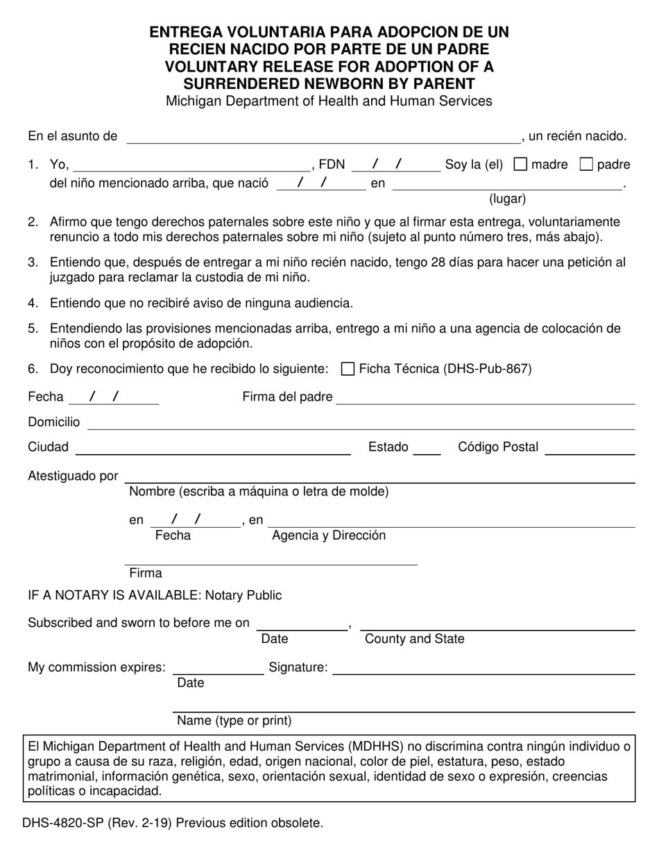 Formulario DHS-4820-SP Entrega Voluntaria Para Adopcion De Un Recien Nacido Por Parte De Un Padre - Michigan (Spanish), Page 1
