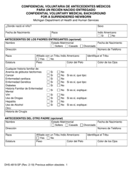 Document preview: Formulario DHS-4819-SP Confidencial Voluntaria De Antecedentes Medicos Para Un Recien Nacido Entregado - Michigan (Spanish)