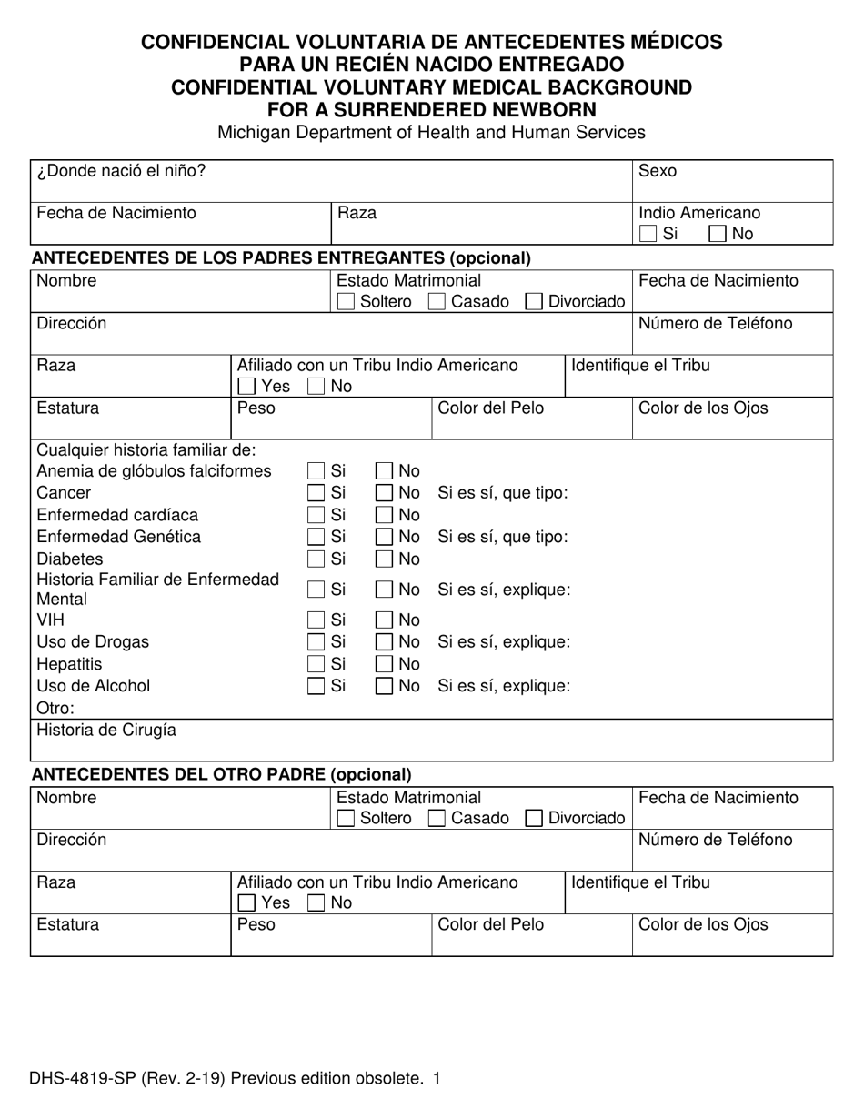 Formulario DHS-4819-SP Confidencial Voluntaria De Antecedentes Medicos Para Un Recien Nacido Entregado - Michigan (Spanish), Page 1