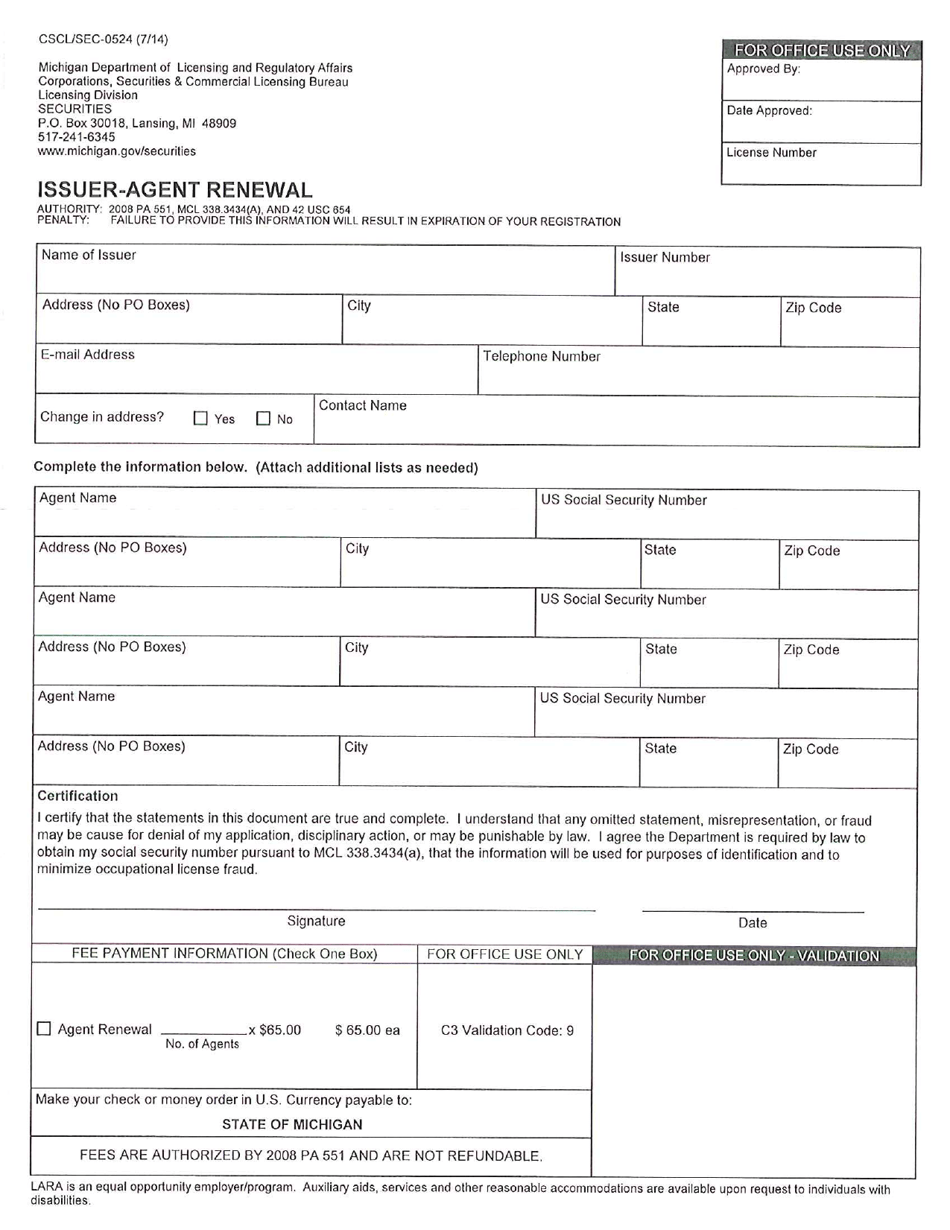 Form CSCL / SEC-0524 Issuer-Agent Renewal - Michigan, Page 1