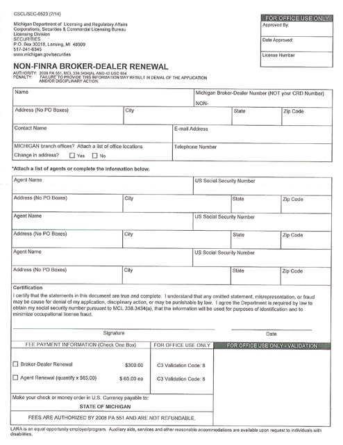 Form CSCL/SEC-0523 Non-FiNRA Broker-Dealer Renewal - Michigan