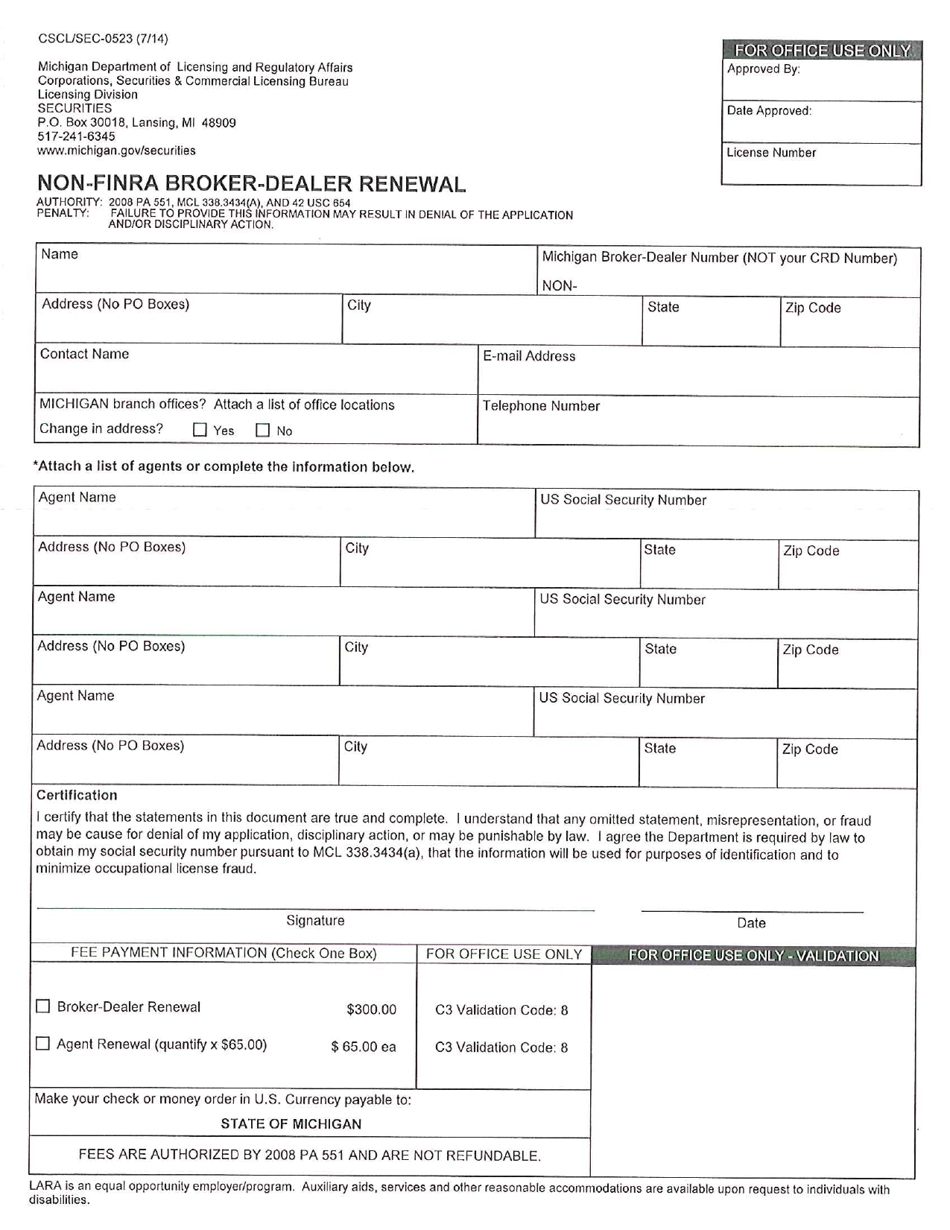 Form CSCL / SEC-0523 Non-FiNRA Broker-Dealer Renewal - Michigan, Page 1