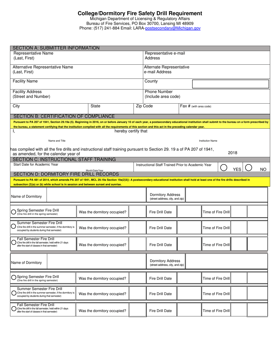 Form BFS-48 College / Dormitory Fire Safety Drill Requirement - Michigan, Page 1