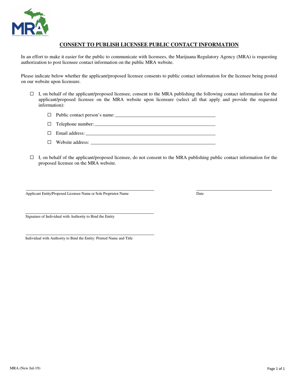 Consent to Publish Licensee Public Contact Information - Michigan, Page 1