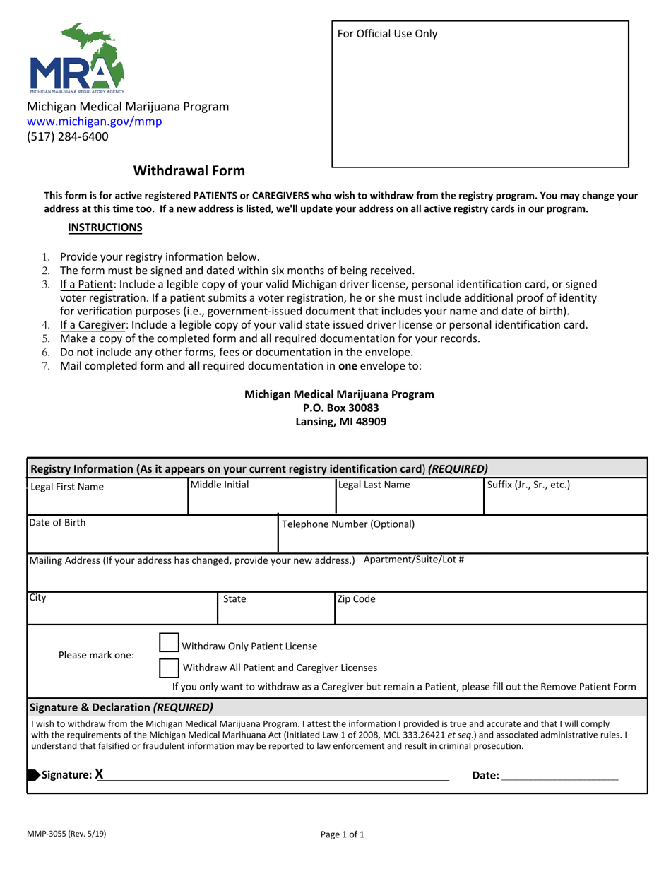 Form MMP-3055 Withdrawal Form - Michigan, Page 1