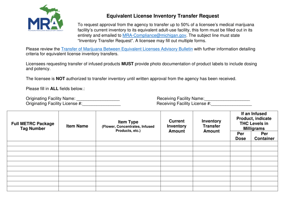Equivalent License Inventory Transfer Request - Michigan, Page 1