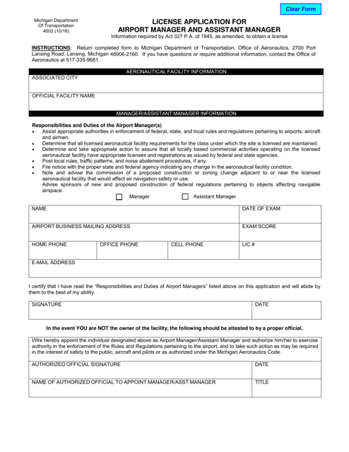 Form 4002 License Application for Airport Manager and Assistant Manager - Michigan