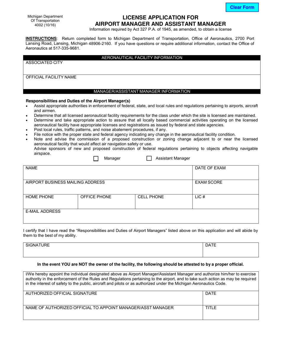 Form 4002 License Application for Airport Manager and Assistant Manager - Michigan, Page 1