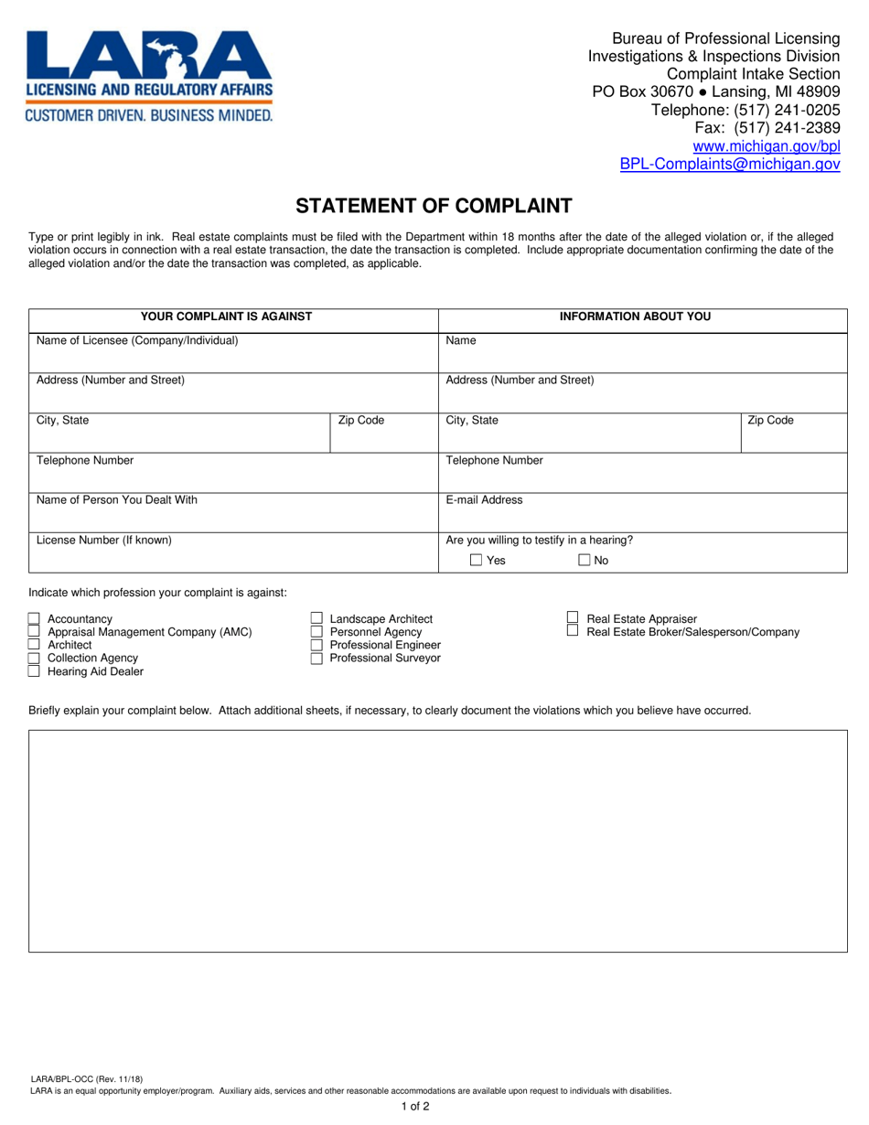 Statement of Complaint - Michigan, Page 1