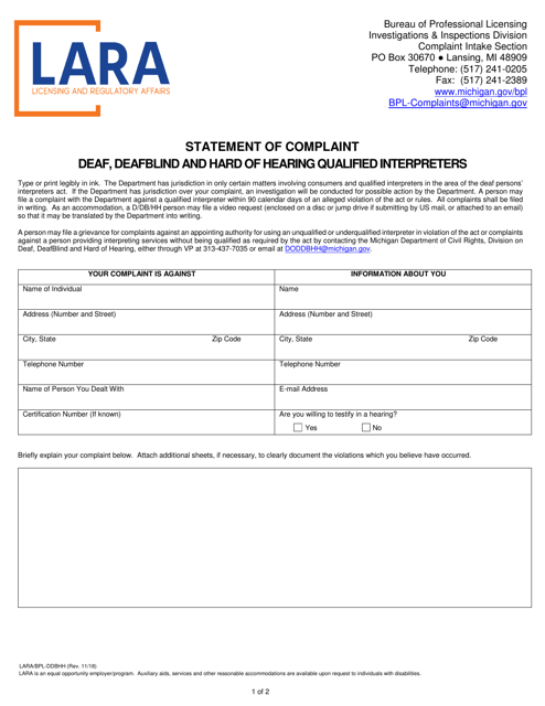 Statement of Complaint for Deaf, Deafblind and Hard of Hearing Qualified Interpreters - Michigan Download Pdf