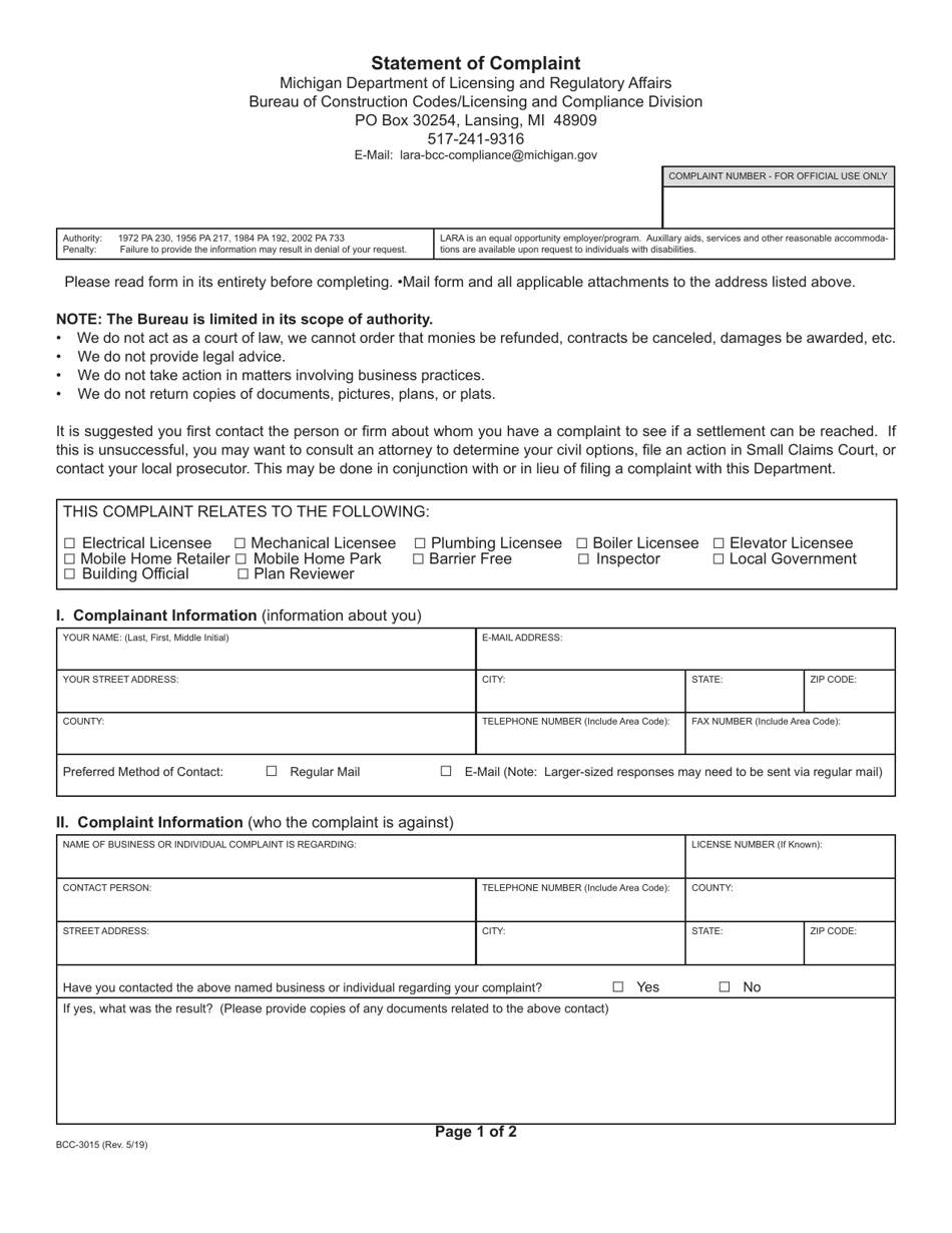 Form BCC-3015 Download Printable PDF or Fill Online Statement of ...