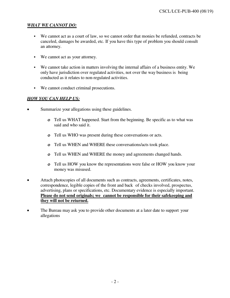Form CSCL / LCE-992 Statement of Complaint - Michigan, Page 2