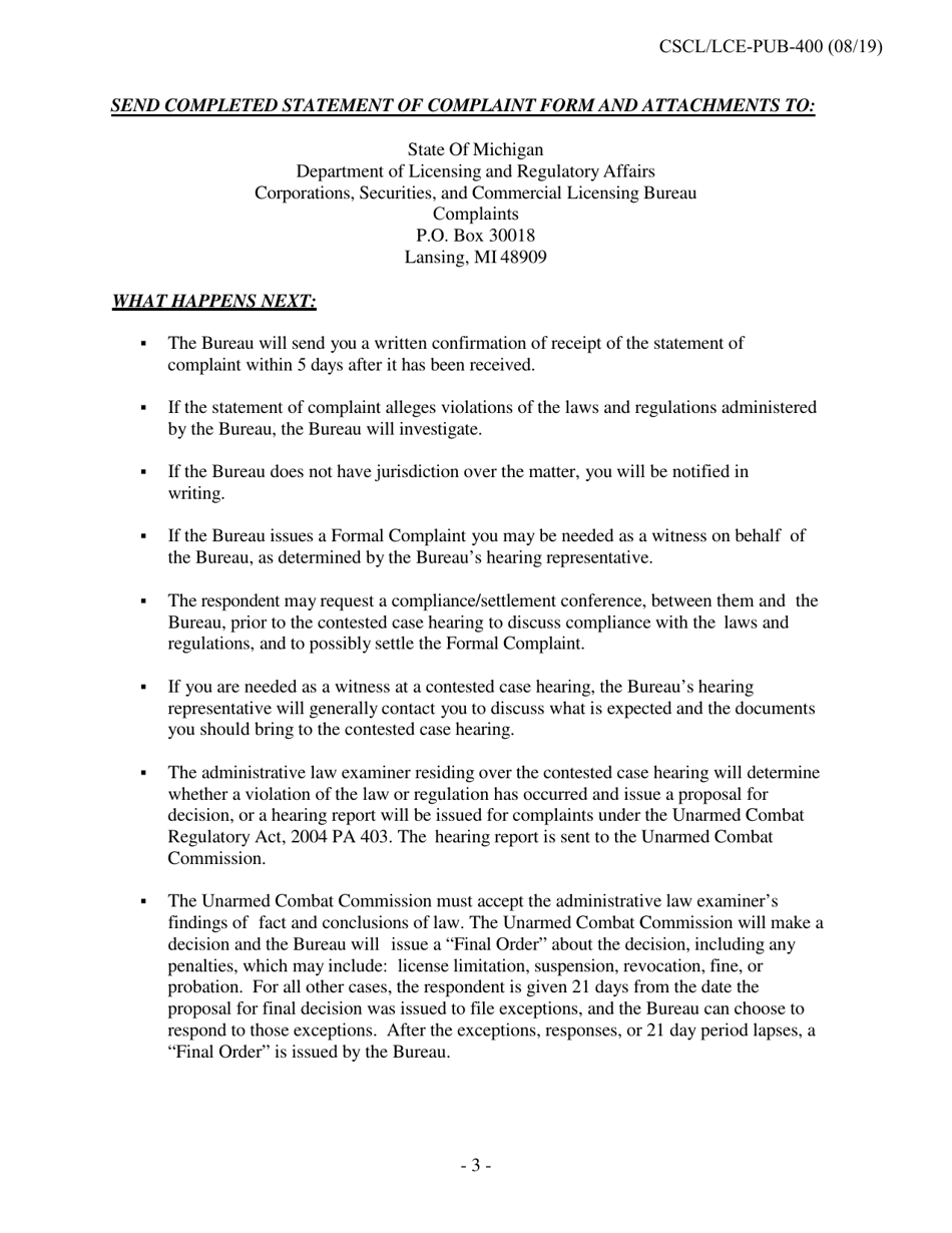 Form CSCL / LCE-992 Statement of Complaint - Michigan, Page 3