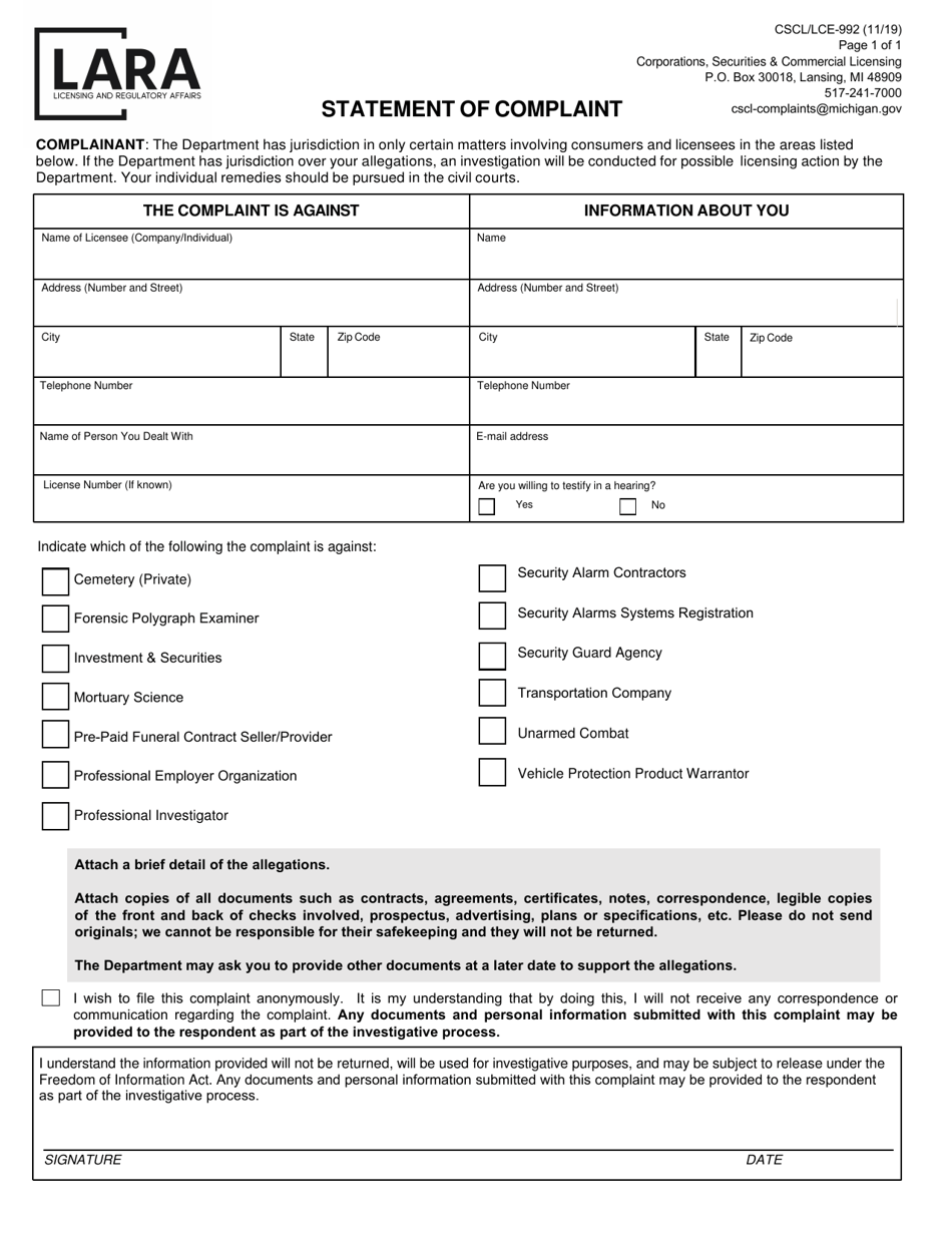 Form CSCL / LCE-992 Statement of Complaint - Michigan, Page 4