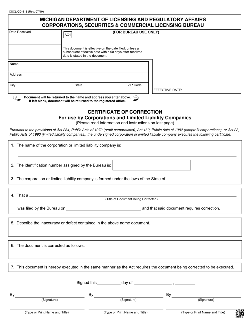 Form CSCL / CD-518 Certificate of Correction for Use by Corporations and Limited Liability Companies - Michigan, Page 1