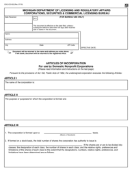 Form CSCL/CD-502 Articles of Incorporation for Use by Domestic Nonprofit Corporations - Michigan