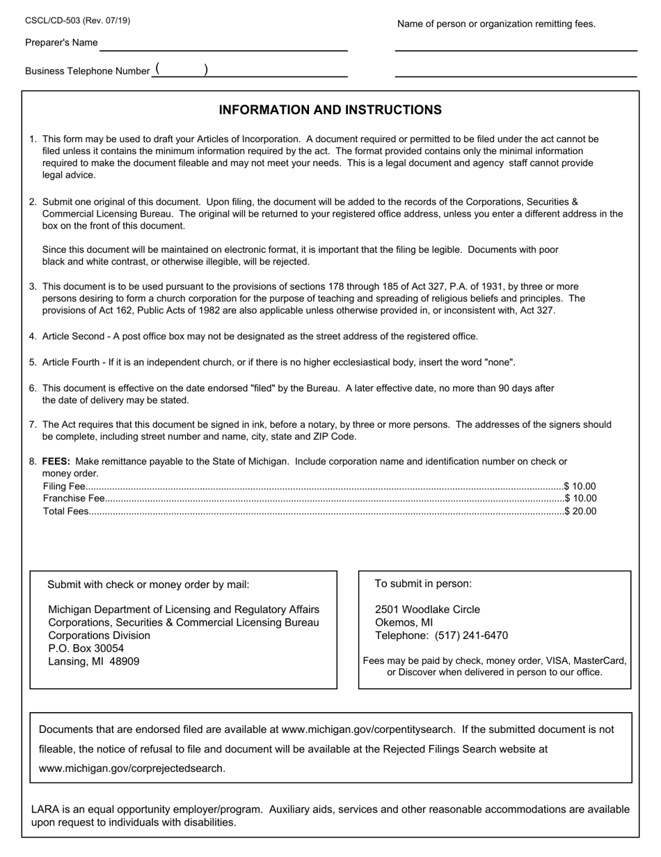 Form CSCL / CD-503 Articles of Incorporation for Use by Ecclesiastical Corporations - Michigan, Page 3