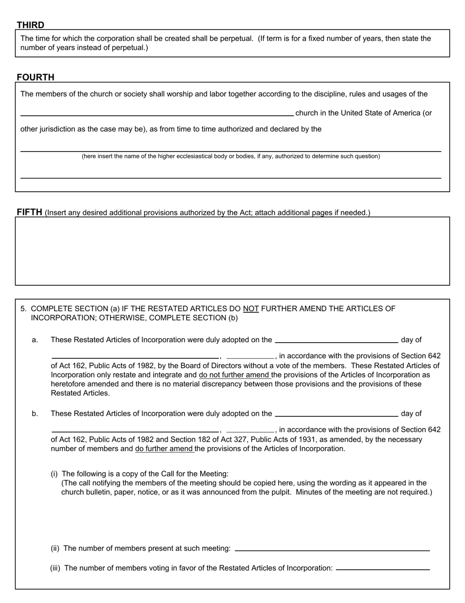 Form CSCL / CD-512 Restated Articles of Incorporation for Use by Ecclesiastical Corporations - Michigan, Page 2