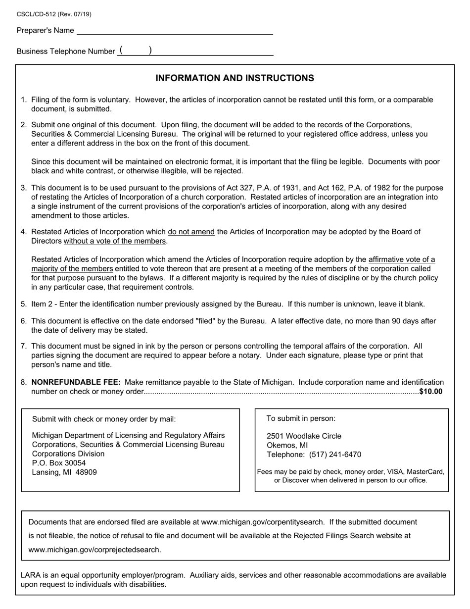 Form CSCL / CD-512 Restated Articles of Incorporation for Use by Ecclesiastical Corporations - Michigan, Page 4