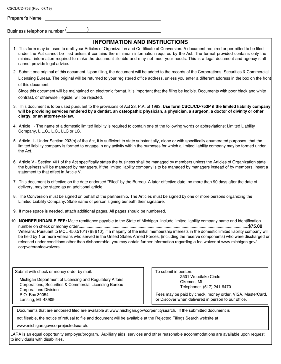 Form CSCL / CD-753 Articles of Organization and Certificate of Conversion for Use by Domestic Partnerships or Domestic Limited Partnerships to Convert to a Domestic Limited Liability Company - Michigan, Page 3