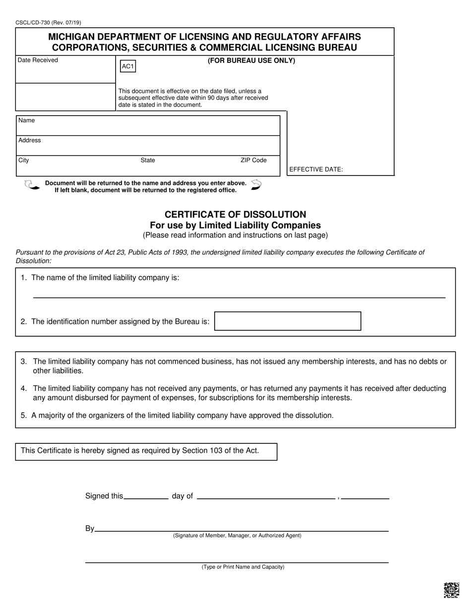 Form CSCL / CD-730 Certificate of Dissolution for Use by Limited Liability Companies - Michigan, Page 1