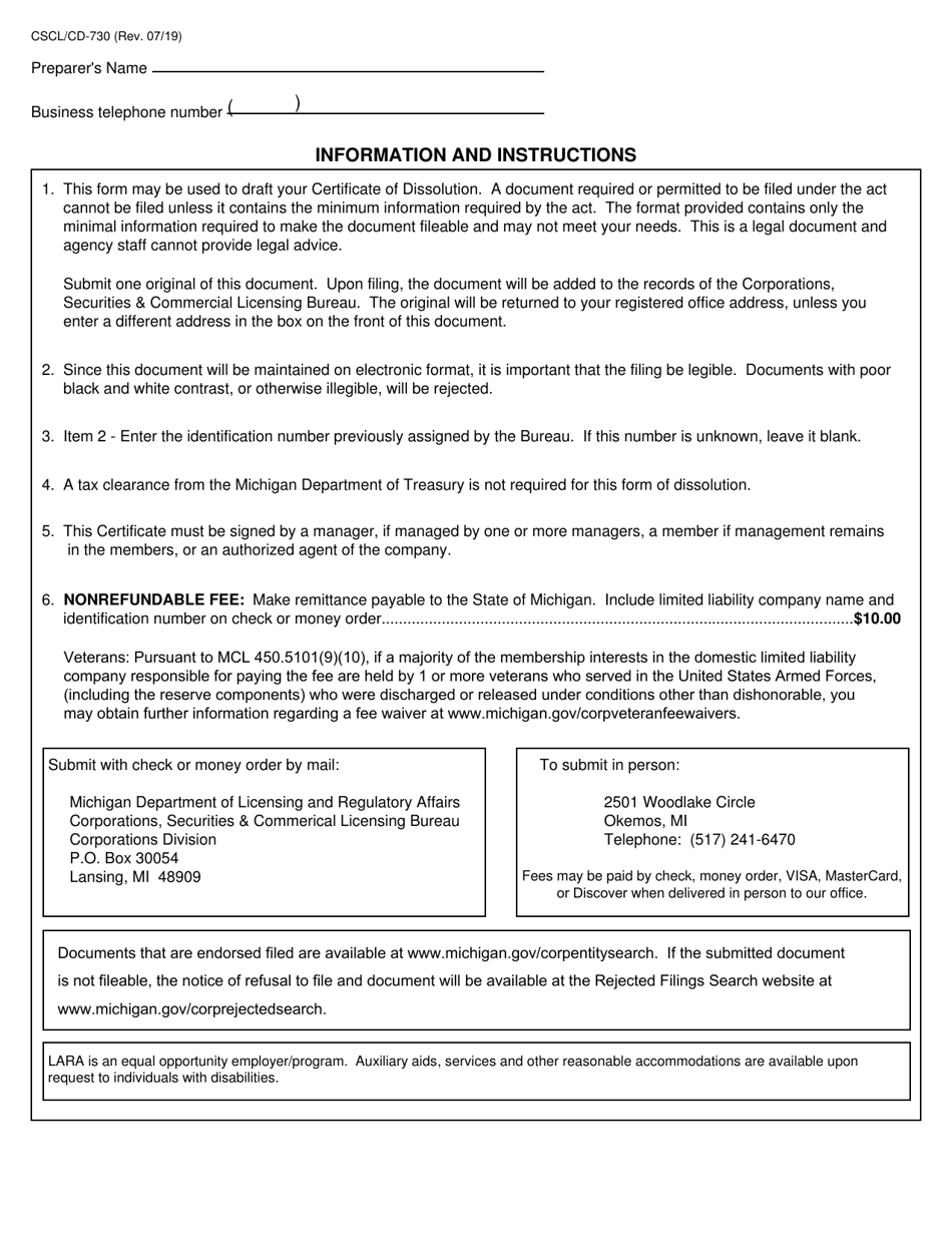 Form CSCL / CD-730 Certificate of Dissolution for Use by Limited Liability Companies - Michigan, Page 2