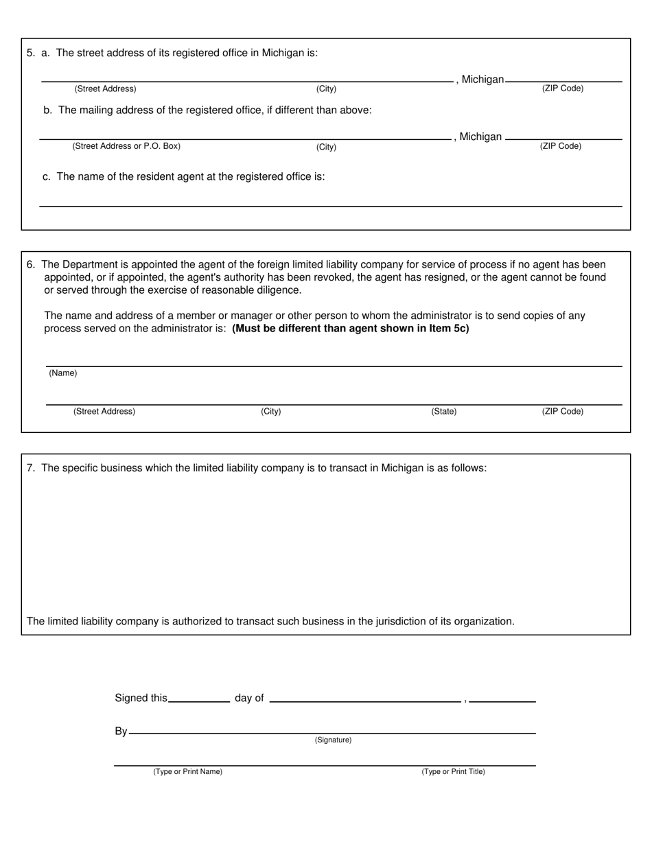 Form CSCL / CD-760 Application for Certificate of Authority to Transact Business in Michigan for Use by Foreign Limited Liability Companies - Michigan, Page 2