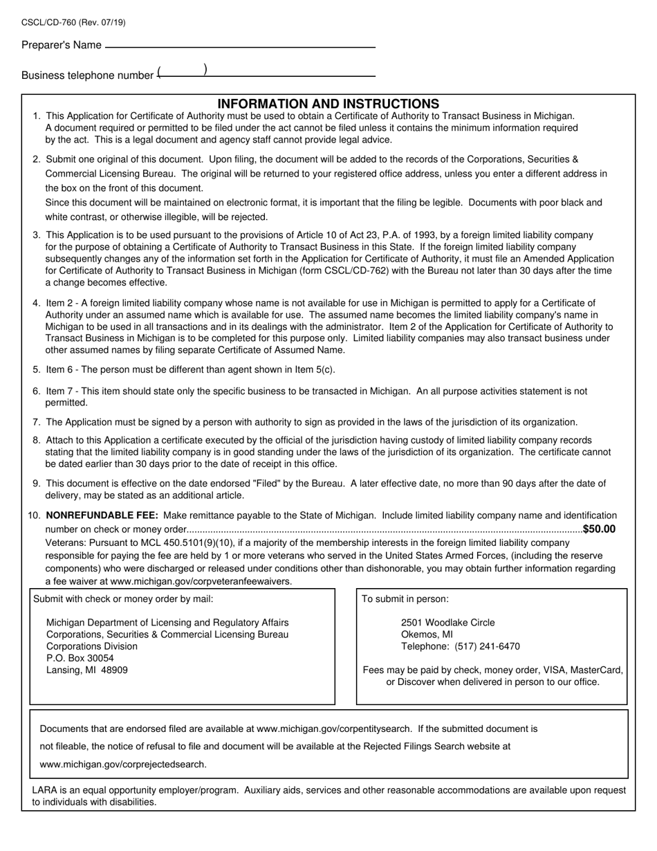 Form CSCL / CD-760 Application for Certificate of Authority to Transact Business in Michigan for Use by Foreign Limited Liability Companies - Michigan, Page 3