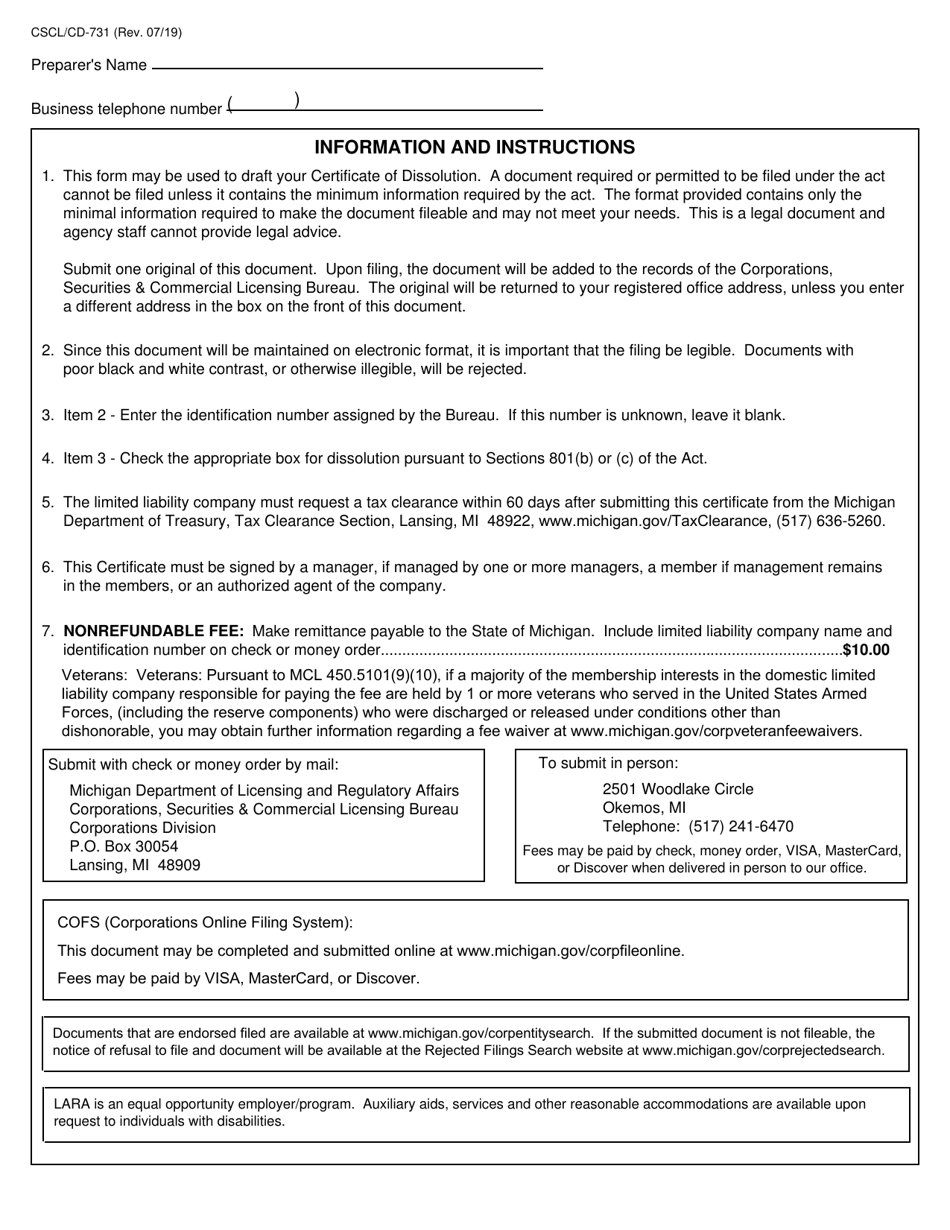 Form CSCL / CD-731 Certificate of Dissolution for Use by Limited Liability Companies - Michigan, Page 2
