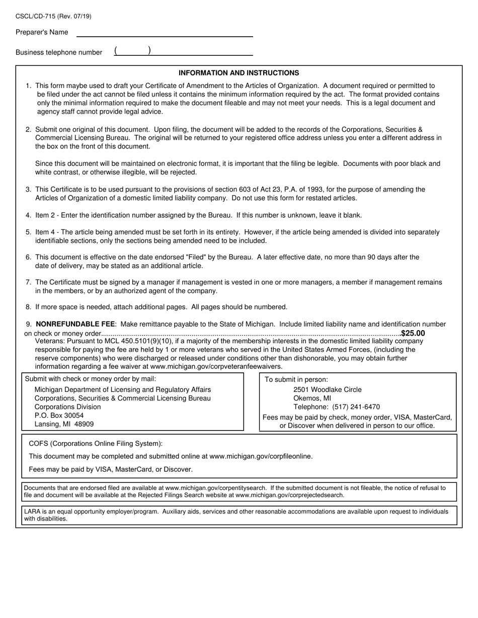 Form CSCL / CD-715 Certificate of Amendment to the Articles of Organization for Use by Limited Liability Companies - Michigan, Page 2