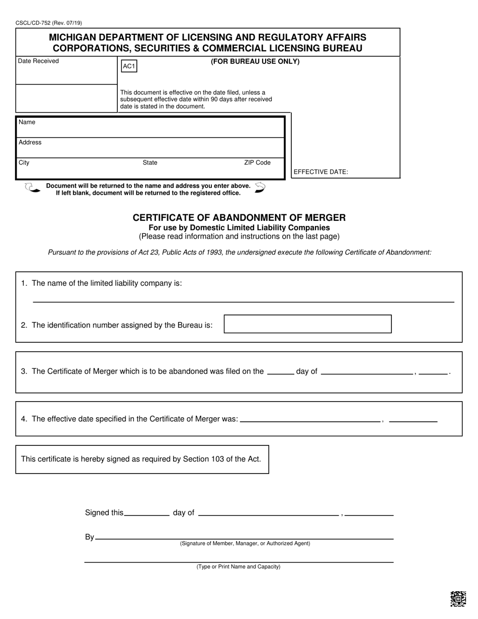 Form CSCL / CD-752 Certificate of Abandonment of Merger for Use by Domestic Limited Liability Companies - Michigan, Page 1