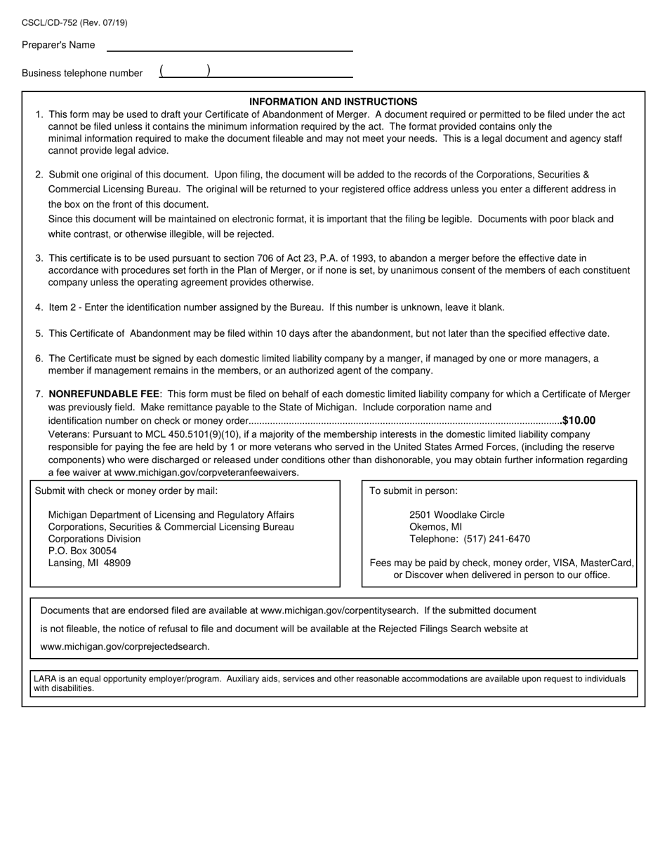 Form CSCL / CD-752 Certificate of Abandonment of Merger for Use by Domestic Limited Liability Companies - Michigan, Page 2