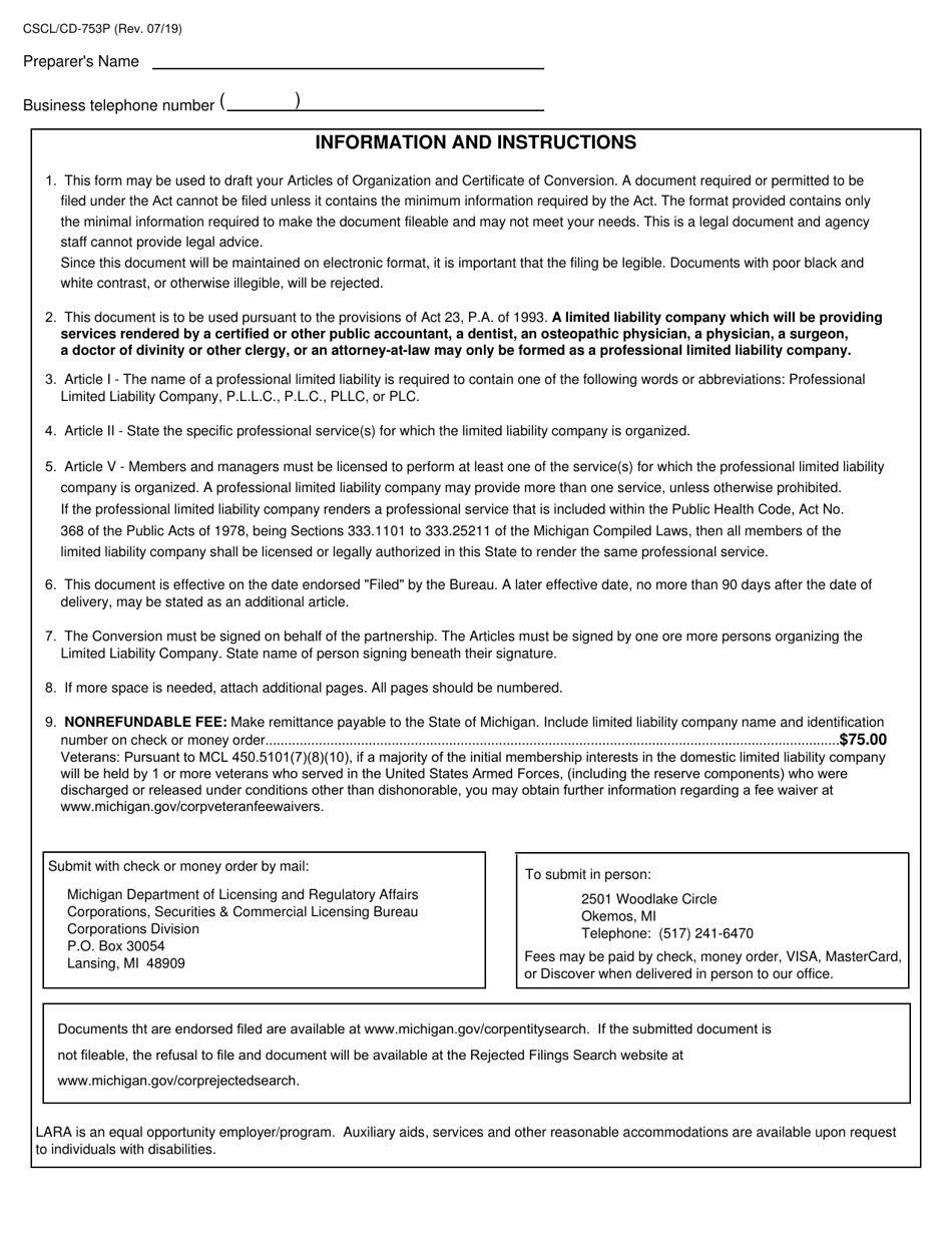 Form CSCL / CD-753P Articles of Organization and Certificate of Conversion for Use by Domestic Partnerships or Domestic Limited Partnerships to Convert to a Domestic Limited Liability Company - Michigan, Page 3